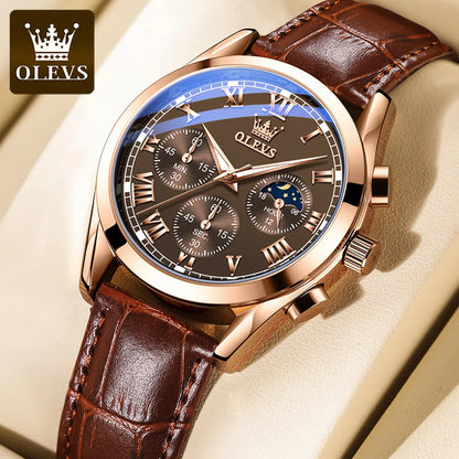 OLEVS Luxury Moon Phase Men’s Watch – Chronograph, Waterproof, Leather Strap, Original Quartz Timepiece