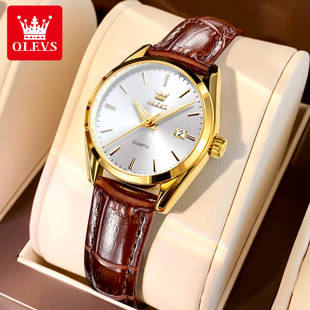 OLEVS 6898 Women Quartz Watch Waterproof Luminous Leather Strap Dual Calendar Ladies Watch