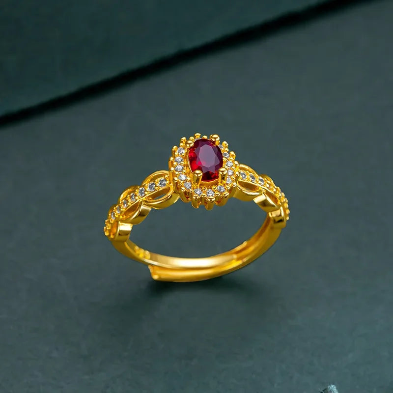 Real 14K Gold Ruby Ring for Women – Open Zircon Ring for Bride, Engagement & Birthday Jewelry Gift