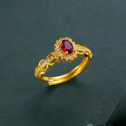 Real 14K Gold Ruby Ring for Women – Open Zircon Ring for Bride, Engagement & Birthday Jewelry Gift