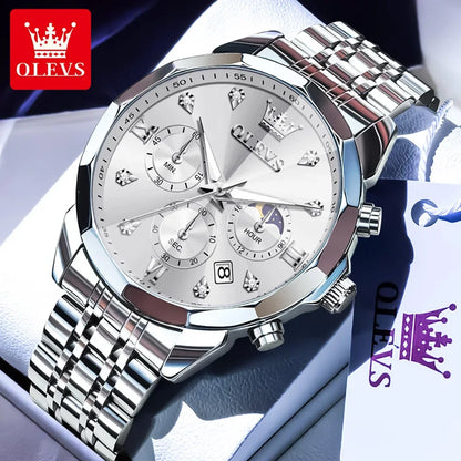 OLEVS 3670 Men’s Luxury Quartz Watch – Moon Phase Chronograph, Waterproof, Luminous Calendar Fashion Wristwatch