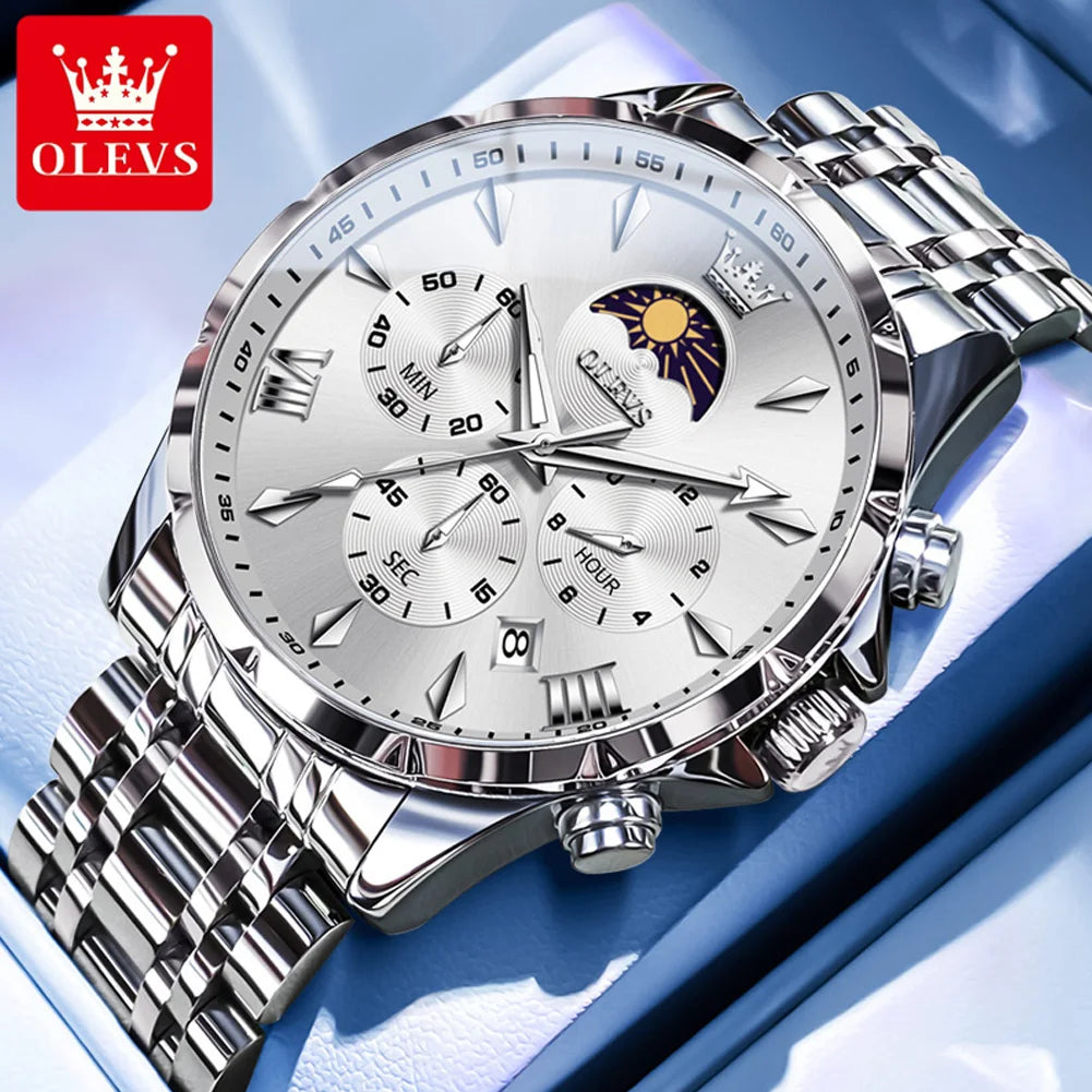 OLEVS Moon Phase Men’s Luxury Watch – Waterproof Quartz Chronograph with Date Display