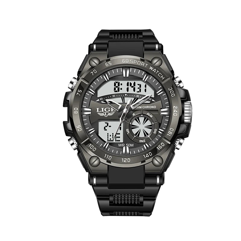 LIGE Military Mens Watch Digital Dual Display 50M Waterproof Sport Man Wristwatch Fashion LED Luminous Quartz Watches for Men