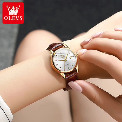 OLEVS 6898 Women Quartz Watch Waterproof Luminous Leather Strap Dual Calendar Ladies Watch