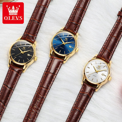 OLEVS 6898 Women Quartz Watch Waterproof Luminous Leather Strap Dual Calendar Ladies Watch