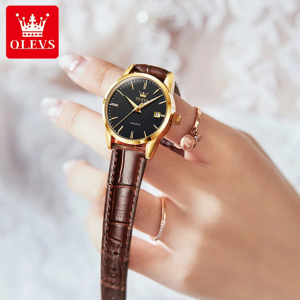 OLEVS 6898 Women Quartz Watch Waterproof Luminous Leather Strap Dual Calendar Ladies Watch