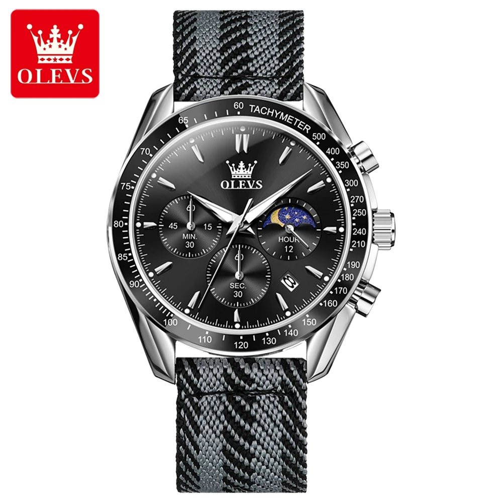 OLEVS 3630 Men’s Luxury Quartz Watch – Moon Phase Chronograph, Waterproof Nylon Strap, Original Sport Fashion Wristwatch