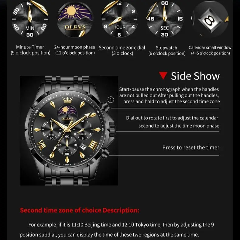 OLEVS Moon Phase Men’s Luxury Watch – Waterproof Quartz Chronograph with Date Display