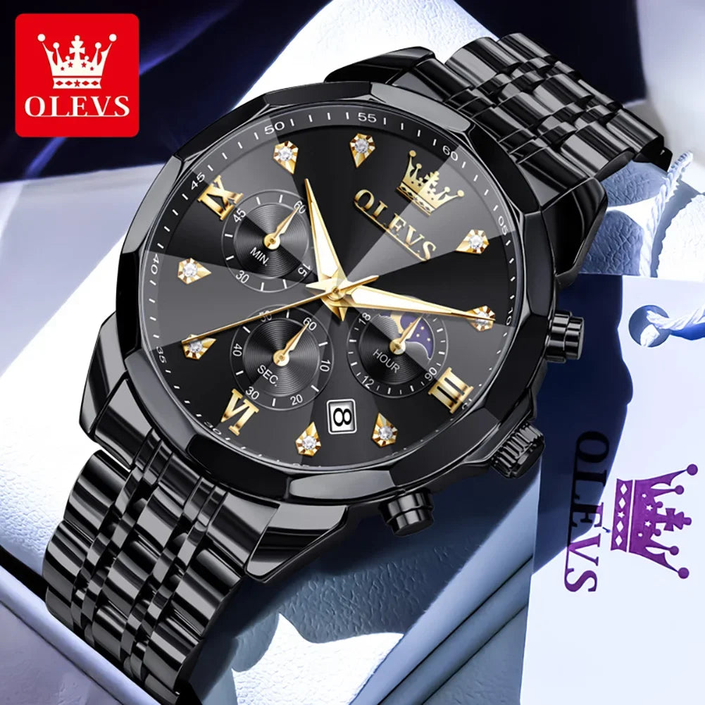 OLEVS 3670 Men’s Luxury Quartz Watch – Moon Phase Chronograph, Waterproof, Luminous Calendar Fashion Wristwatch