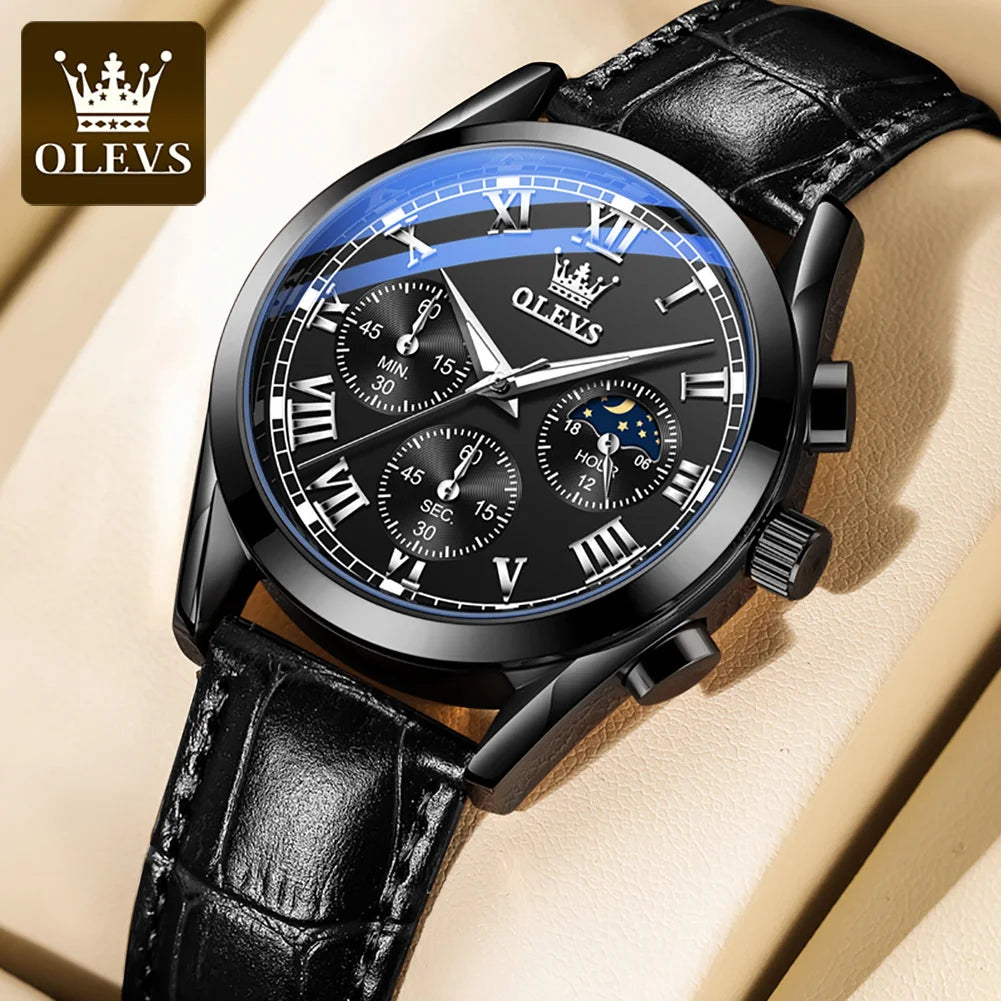 OLEVS Luxury Moon Phase Men’s Watch – Chronograph, Waterproof, Leather Strap, Original Quartz Timepiece