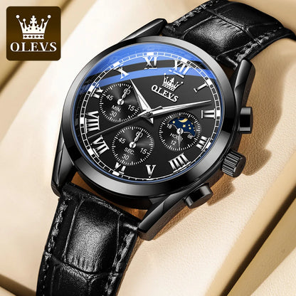 OLEVS Luxury Moon Phase Men’s Watch – Chronograph, Waterproof, Leather Strap, Original Quartz Timepiece