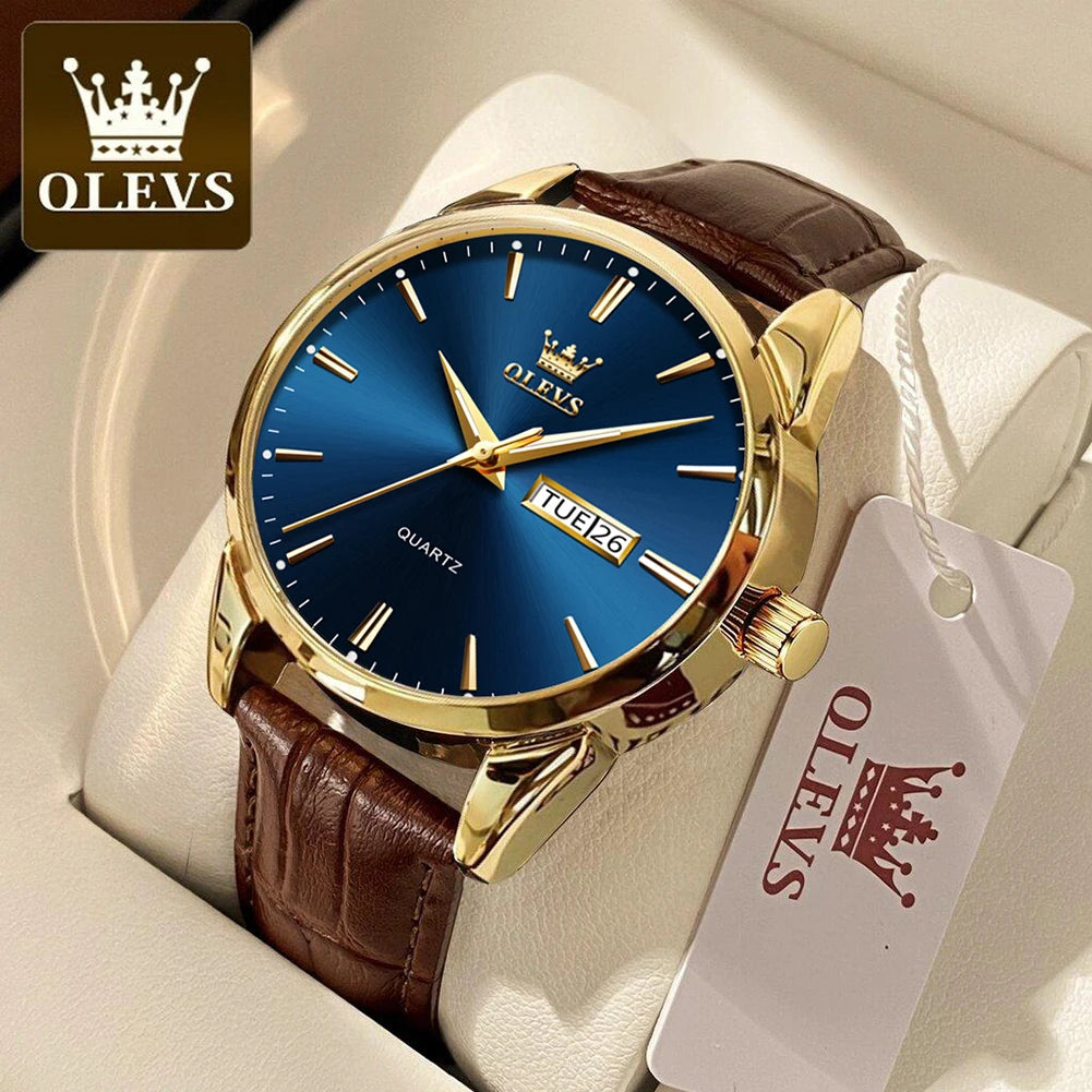 OLEVS 6898 Women Quartz Watch Waterproof Luminous Leather Strap Dual Calendar Ladies Watch
