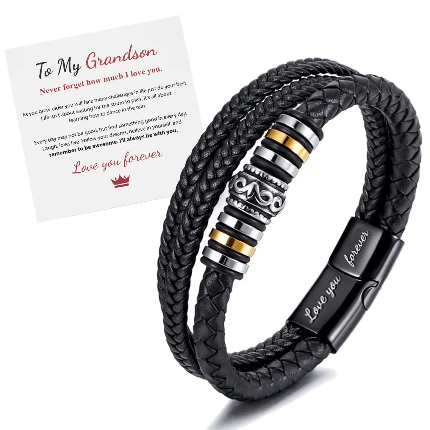 To My Son Bracelet – “I Will Always Be With You” Leather & Stainless Steel Braided Bracelet for Men