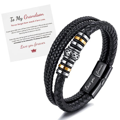 To My Son Bracelet – “I Will Always Be With You” Leather & Stainless Steel Braided Bracelet for Men