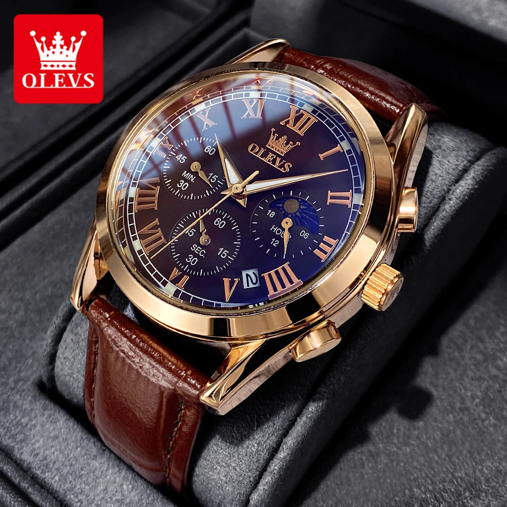 OLEVS Luxury Moon Phase Men’s Watch – Chronograph, Waterproof, Leather Strap, Original Quartz Timepiece
