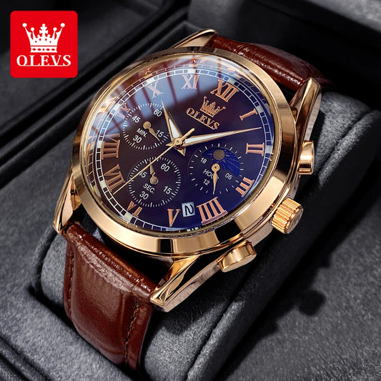 OLEVS Luxury Moon Phase Men’s Watch – Chronograph, Waterproof, Leather Strap, Original Quartz Timepiece