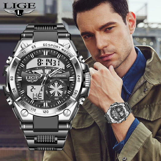 LIGE Military Mens Watch Digital Dual Display 50M Waterproof Sport Man Wristwatch Fashion LED Luminous Quartz Watches for Men