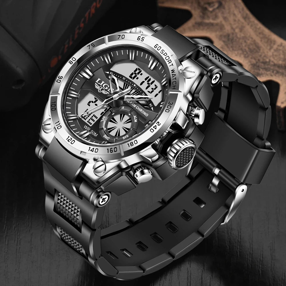LIGE Military Mens Watch Digital Dual Display 50M Waterproof Sport Man Wristwatch Fashion LED Luminous Quartz Watches for Men