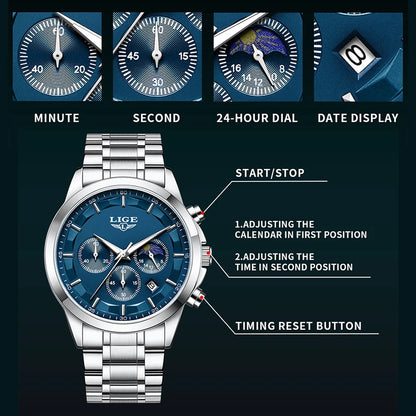LIGE 2025 Luxury Men’s Watch Waterproof Chronograph Stainless Steel Quartz Business Sport Wristwatch