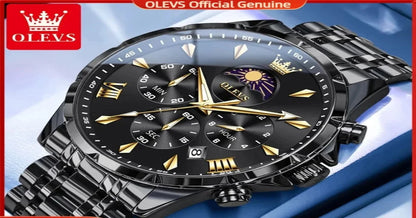 OLEVS Moon Phase Men’s Luxury Watch – Waterproof Quartz Chronograph with Date Display