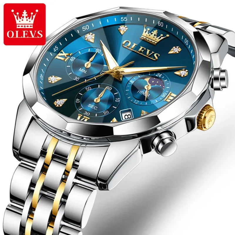 OLEVS 3670 Men’s Luxury Quartz Watch – Moon Phase Chronograph, Waterproof, Luminous Calendar Fashion Wristwatch