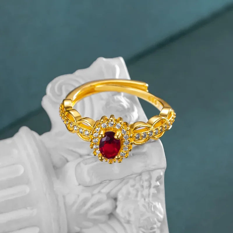 Real 14K Gold Ruby Ring for Women – Open Zircon Ring for Bride, Engagement & Birthday Jewelry Gift