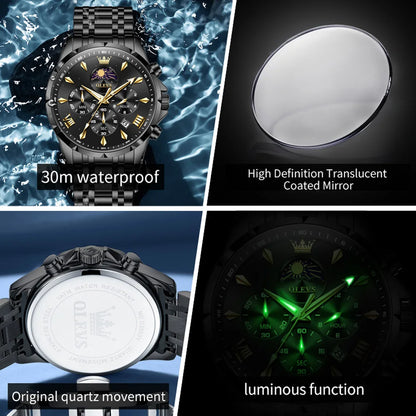 OLEVS Moon Phase Men’s Luxury Watch – Waterproof Quartz Chronograph with Date Display