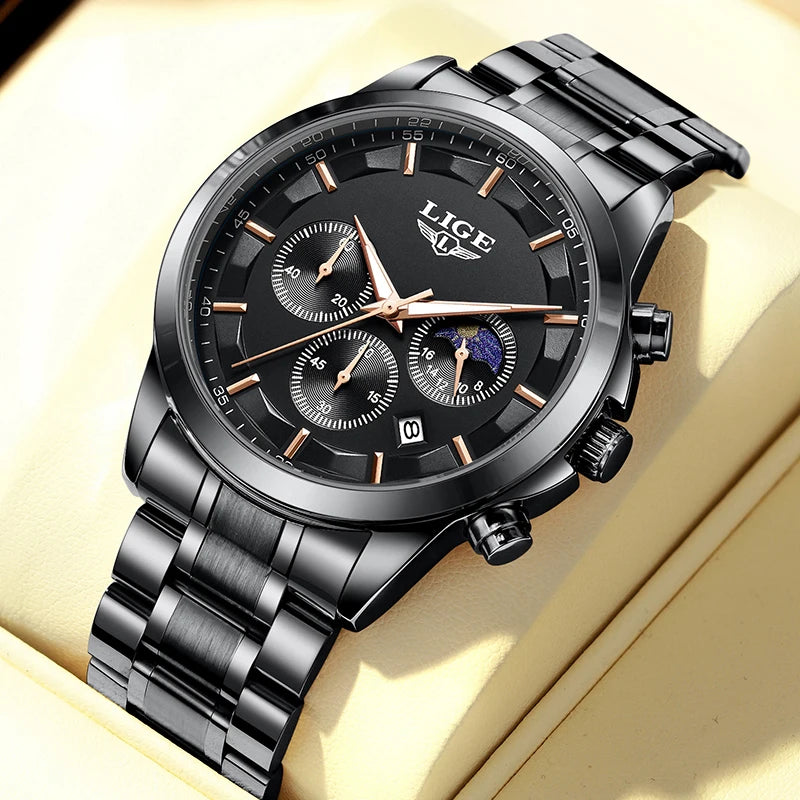 LIGE 2025 Luxury Men’s Watch Waterproof Chronograph Stainless Steel Quartz Business Sport Wristwatch