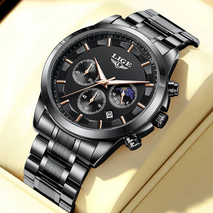 LIGE 2025 Luxury Men’s Watch Waterproof Chronograph Stainless Steel Quartz Business Sport Wristwatch