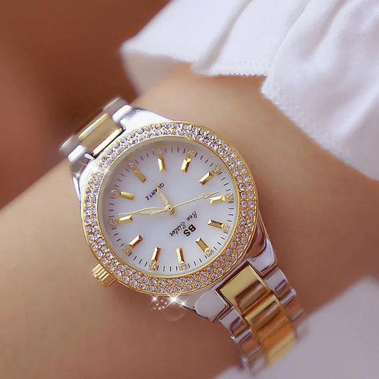 Luxury Crystal Diamond Women’s Watch – Gold & Silver Dress Wristwatch