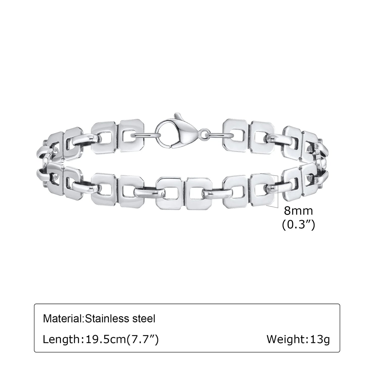 Men’s Silver Chain Bracelet – Rectangle Link Punk Rock Stainless Steel Wristband, Gift for Dad or Boyfriend