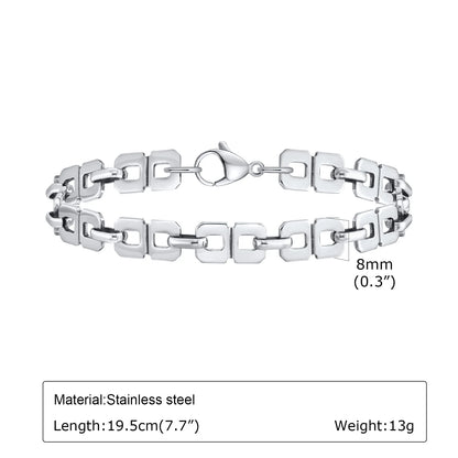 Men’s Silver Chain Bracelet – Rectangle Link Punk Rock Stainless Steel Wristband, Gift for Dad or Boyfriend