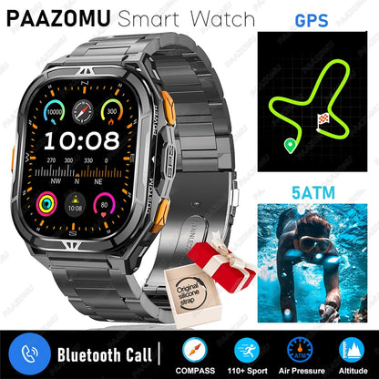 2025 New Men’s GPS Smart Watch with 1.96” AMOLED Display, Bluetooth Call, Compass & 5ATM Waterproof Design
