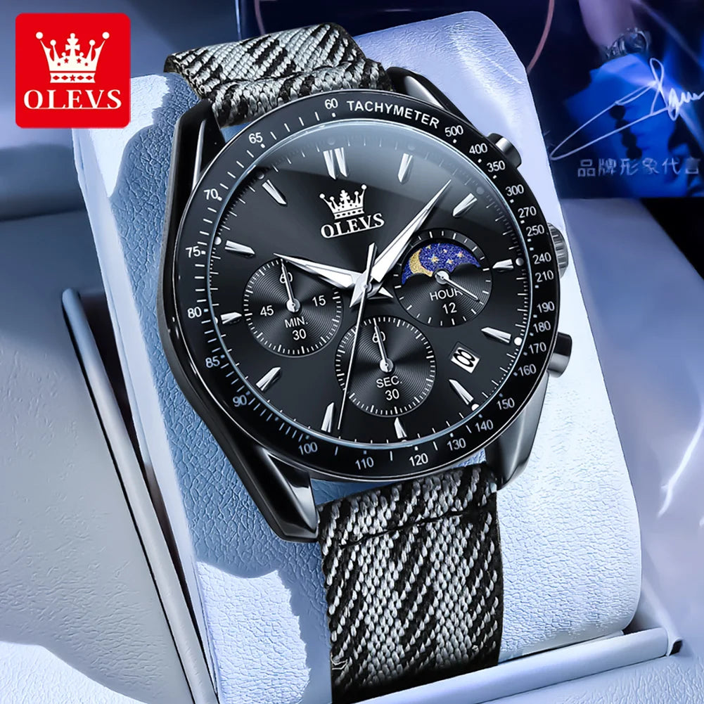 OLEVS 3630 Men’s Luxury Quartz Watch – Moon Phase Chronograph, Waterproof Nylon Strap, Original Sport Fashion Wristwatch