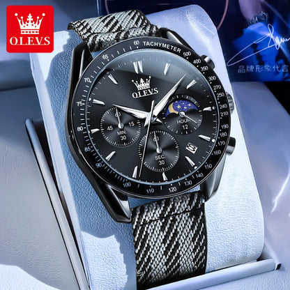 OLEVS 3630 Men’s Luxury Quartz Watch – Moon Phase Chronograph, Waterproof Nylon Strap, Original Sport Fashion Wristwatch