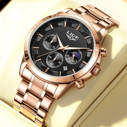 LIGE 2025 Luxury Men’s Watch Waterproof Chronograph Stainless Steel Quartz Business Sport Wristwatch