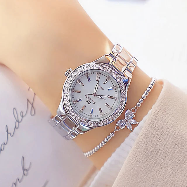 Luxury Crystal Diamond Women’s Watch – Gold & Silver Dress Wristwatch