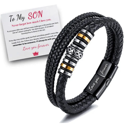 To My Son Bracelet – “I Will Always Be With You” Leather & Stainless Steel Braided Bracelet for Men