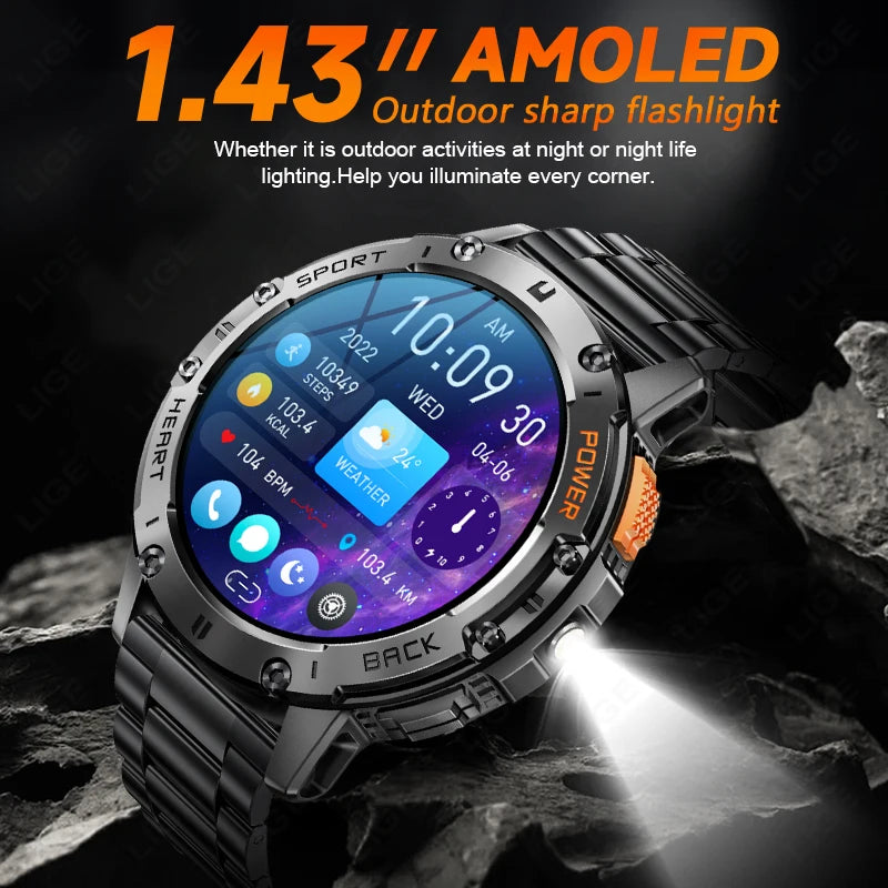 2025 Men’s AMOLED Smartwatch – Bluetooth Call, Flashlight, Waterproof Sports Fitness Tracker | Ellevo Store