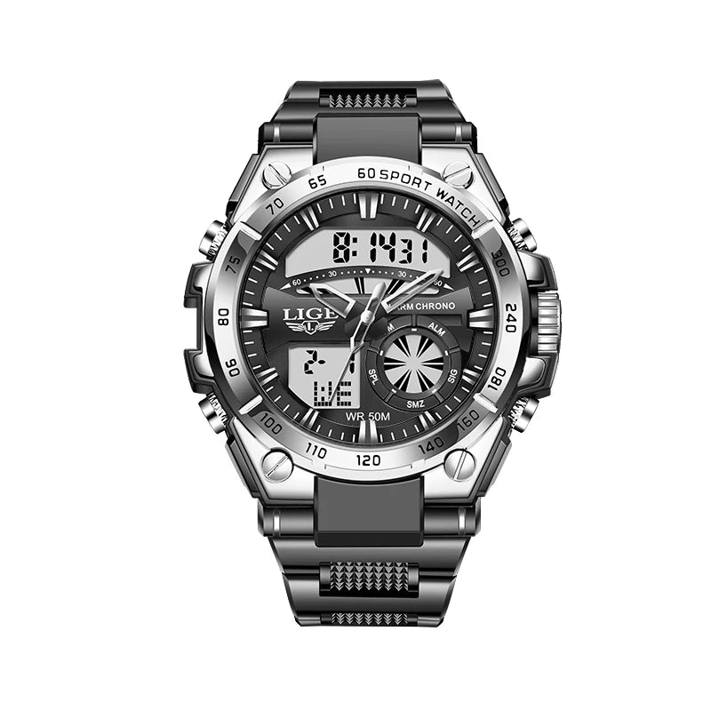 LIGE Military Mens Watch Digital Dual Display 50M Waterproof Sport Man Wristwatch Fashion LED Luminous Quartz Watches for Men
