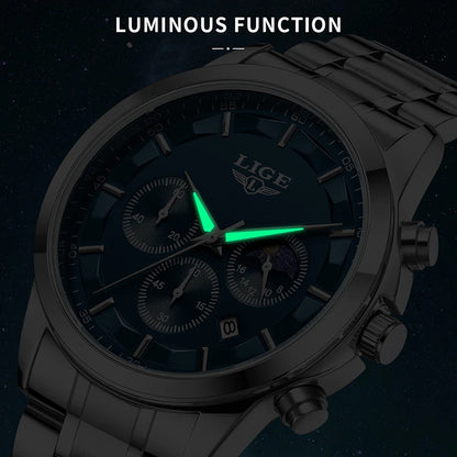 LIGE 2025 Luxury Men’s Watch Waterproof Chronograph Stainless Steel Quartz Business Sport Wristwatch