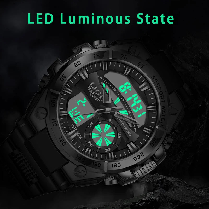 LIGE Military Mens Watch Digital Dual Display 50M Waterproof Sport Man Wristwatch Fashion LED Luminous Quartz Watches for Men