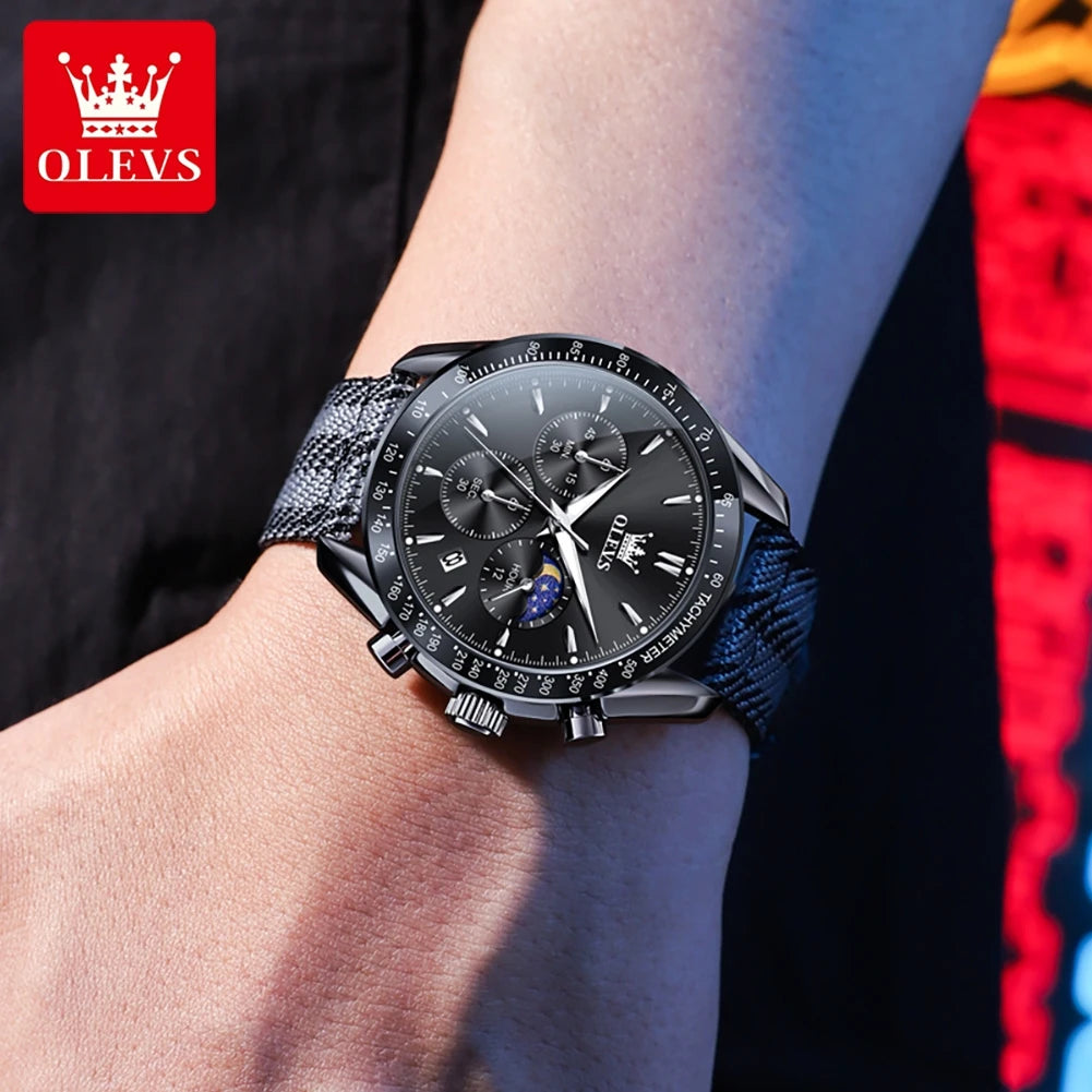 OLEVS 3630 Men’s Luxury Quartz Watch – Moon Phase Chronograph, Waterproof Nylon Strap, Original Sport Fashion Wristwatch