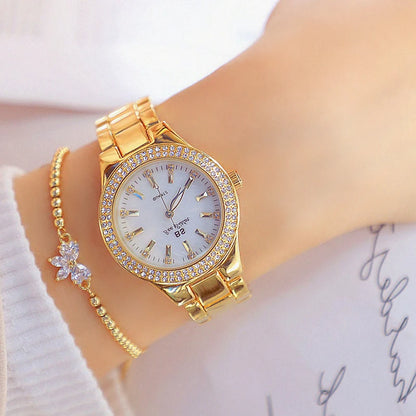 Luxury Crystal Diamond Women’s Watch – Gold & Silver Dress Wristwatch