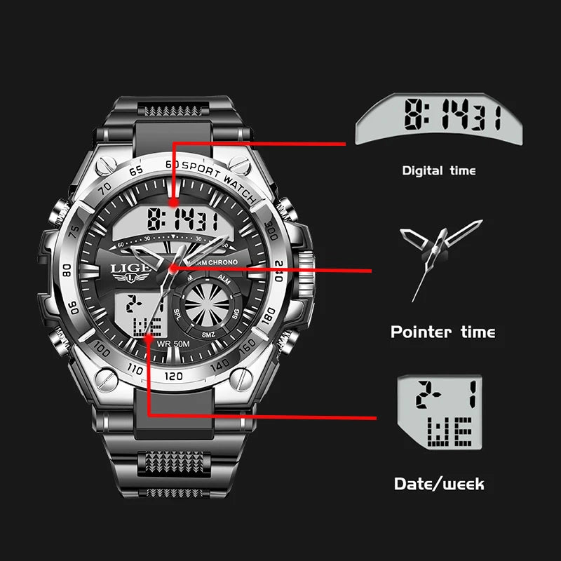 LIGE Military Mens Watch Digital Dual Display 50M Waterproof Sport Man Wristwatch Fashion LED Luminous Quartz Watches for Men