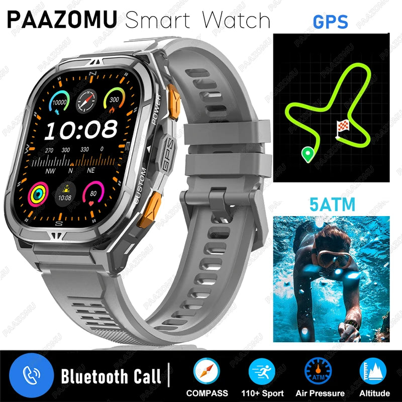 2025 New Men’s GPS Smart Watch with 1.96” AMOLED Display, Bluetooth Call, Compass & 5ATM Waterproof Design