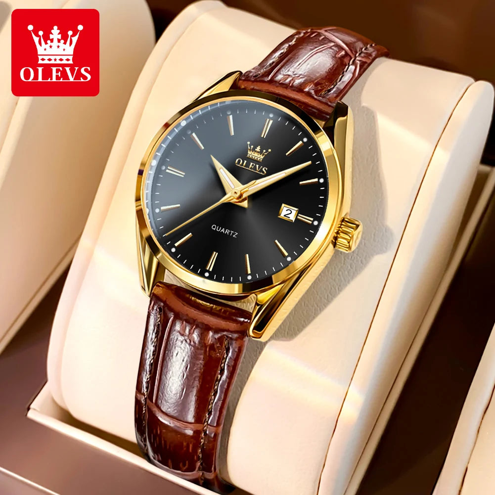 OLEVS 6898 Women Quartz Watch Waterproof Luminous Leather Strap Dual Calendar Ladies Watch
