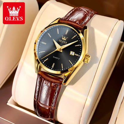 OLEVS 6898 Women Quartz Watch Waterproof Luminous Leather Strap Dual Calendar Ladies Watch