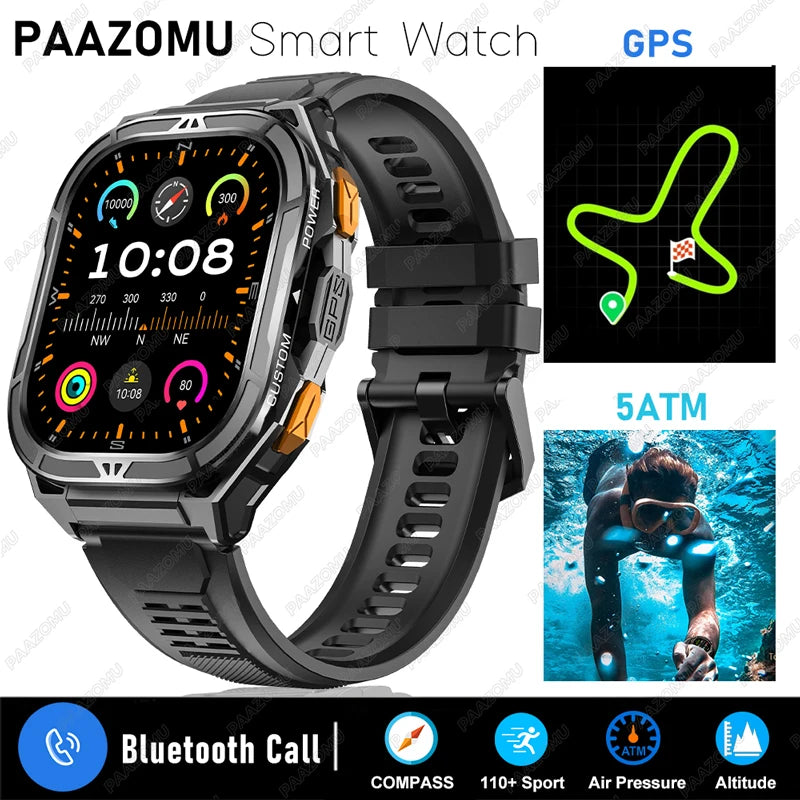 2025 New Men’s GPS Smart Watch with 1.96” AMOLED Display, Bluetooth Call, Compass & 5ATM Waterproof Design
