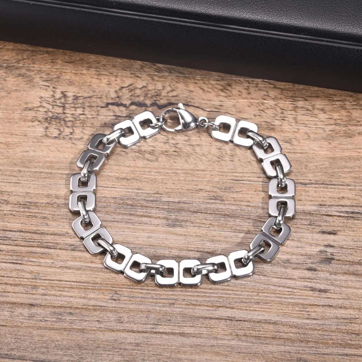 Men’s Silver Chain Bracelet – Rectangle Link Punk Rock Stainless Steel Wristband, Gift for Dad or Boyfriend